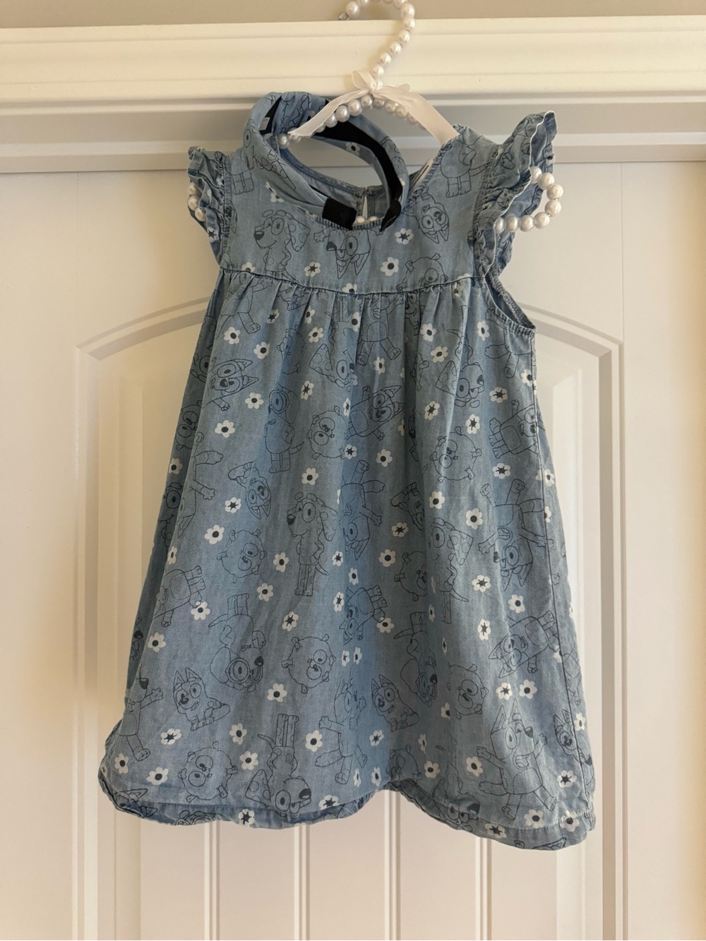 Bluey Toddler Denim Floral Print Sleeveless Dress with matching Headband - 3T